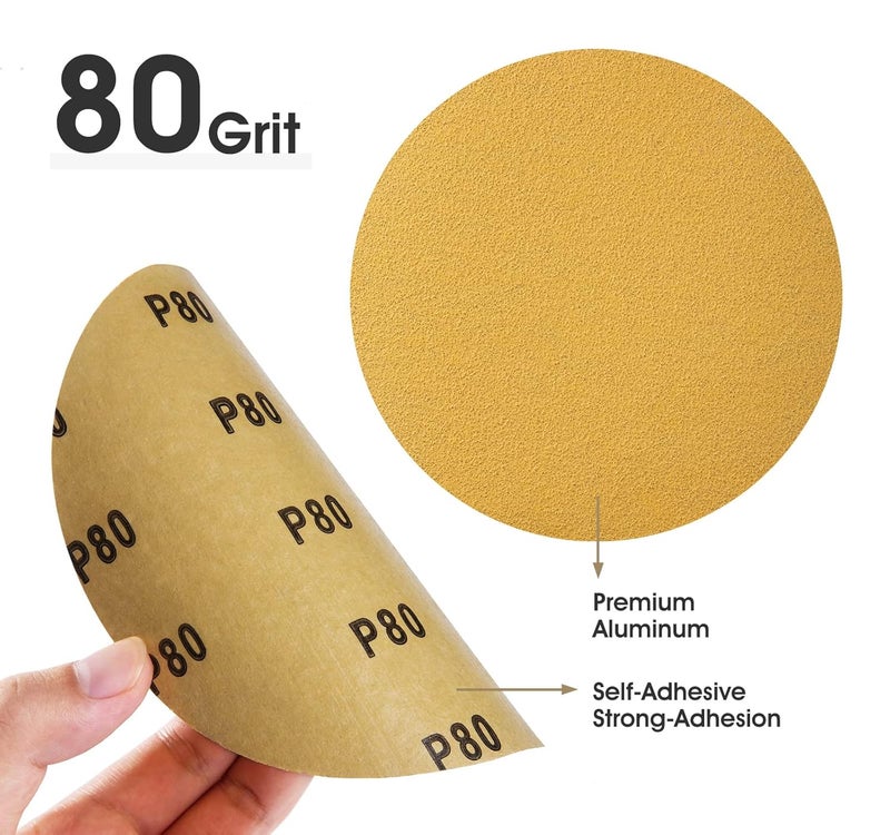 Shawya 100 PCS 6 Inch Gold PSA Sanding Discs 80 Grit Self Adhesive Sticky-Back Sandpaper for DA Sander Automotive Car Paint Woodworking Wood Metal Finishing - Image 2
